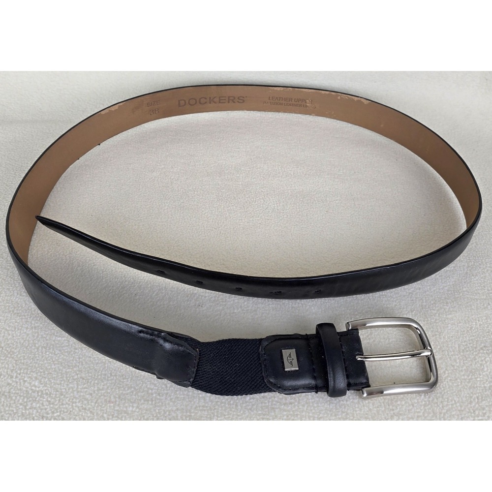 Vtg Dockers Mens Dress Belt Sz 38 Black Genuine Leather Upper Silver Buckle